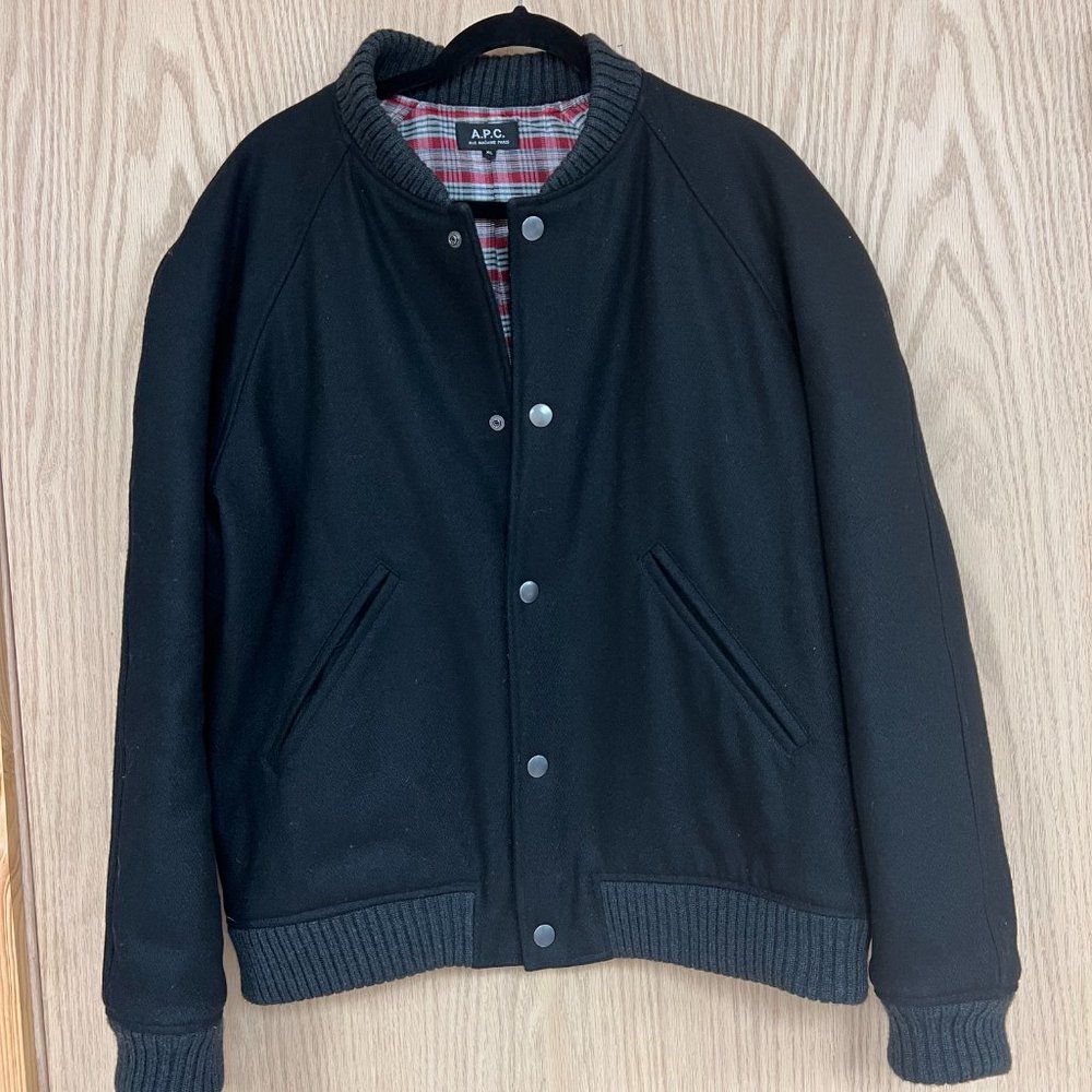 APC x Jules Fournier Varsity Black Wool Bomber Jacket, Size XL Extra Large